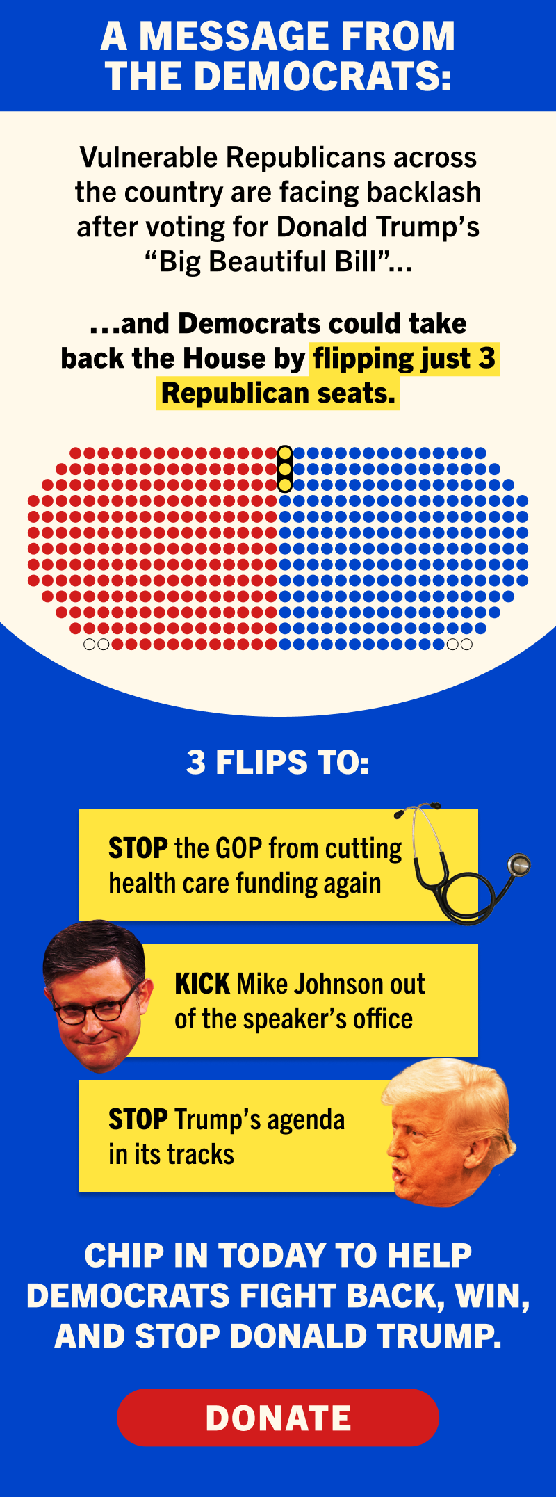 A message from The Democrats - Vulnerable Republicans across the country are facing backlash after voting for Donald Trump's 'Big Beautiful Bill' and Democrats could take back the House by flipping just 3 Republican seats. 3 flips to stop the GOP from cutting health care funding again, kick Mike Johnson out of the speaker's office, and stop Trump's agenda in its tracks. Chip in today to help Democrats fight back, win, and stop Donald Trump.