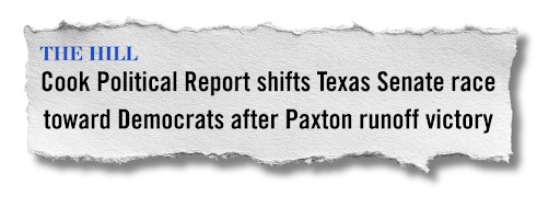 The Hill: Cook Political Report shifts Texas Senate race toward Democrats after Paxton runoff victory