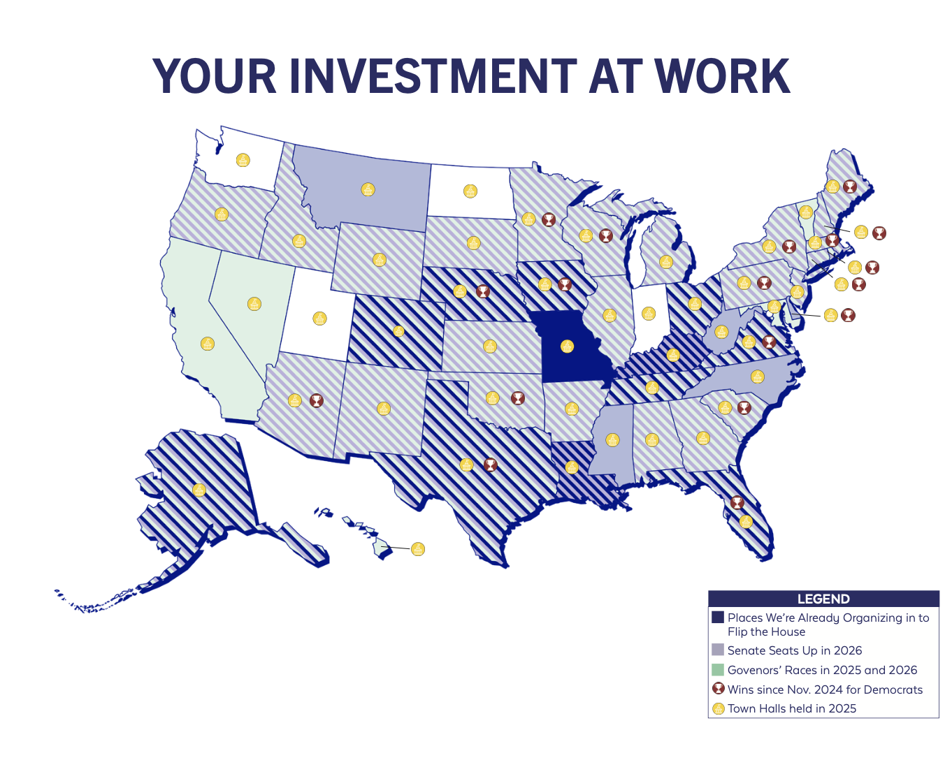 Map of the US indicating where elections are happening and where the DNC is doing work