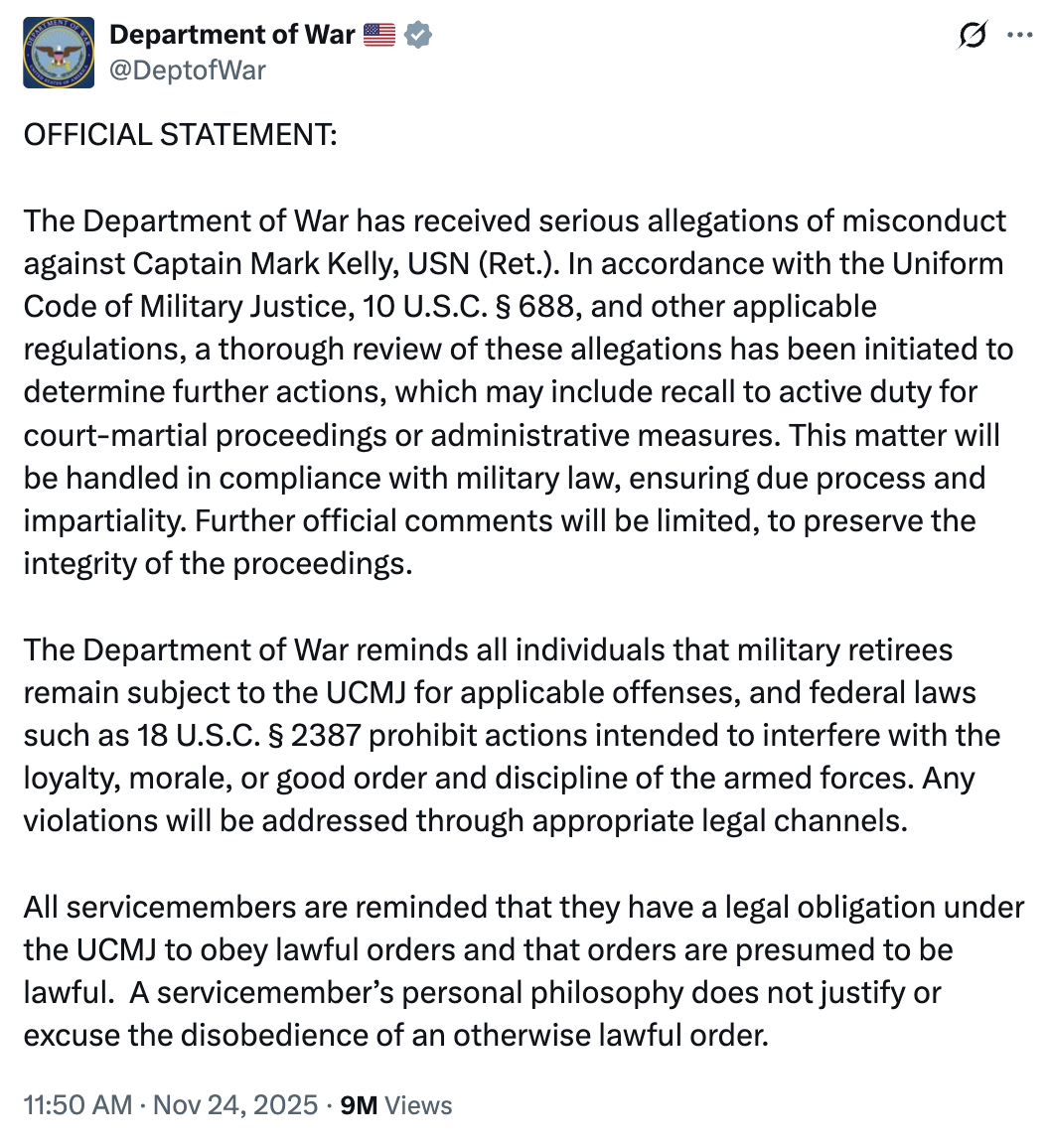 Statement from the Department of War, saying they will investigate Sen. Mark Kelly.
