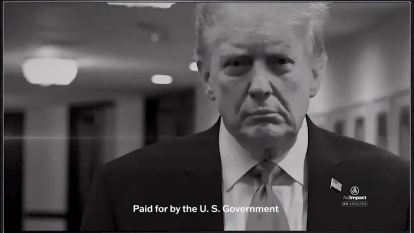 Still of Trump with caption 'Paid for by the U.S. Government'